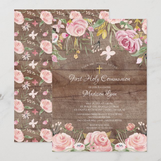 Invitation Rustique Blush Rose Floral Première Communion Sain (Devant / Derrière)