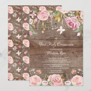 Invitation Rustique Blush Rose Floral Première Communion Sain