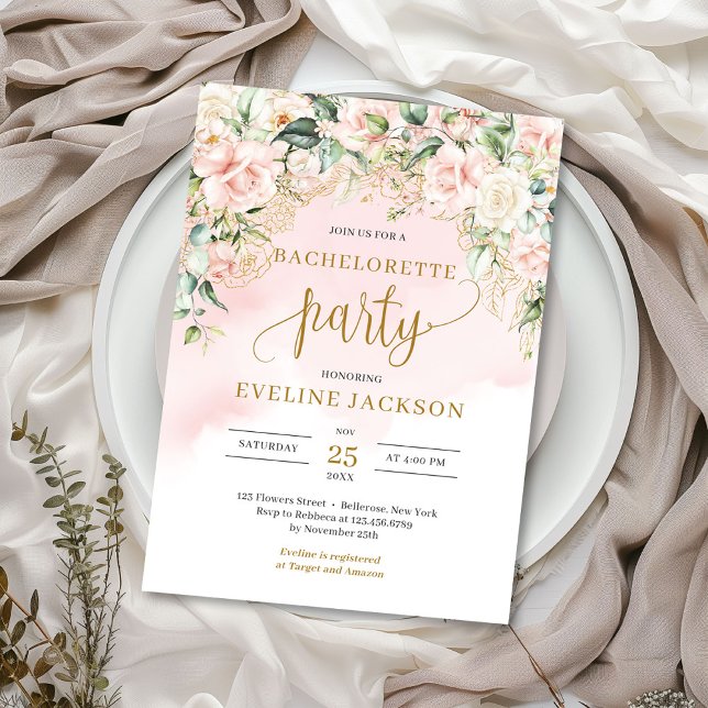 Invitation Rustique Blush rose roses or bachelortie (Elegant boho blush pink roses greenery gold bachelorette party invitation )
