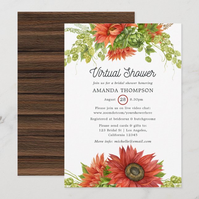 Invitation Rustique Bohème Rouge Sunflower Douche virtuelle (Devant / Derrière)