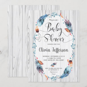 Invitation Rustique Boho Baby Boy Shower Tribal Feathers