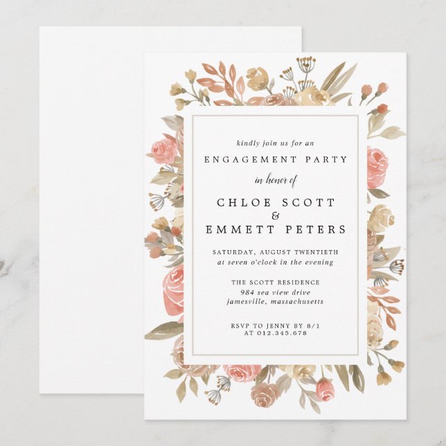 Invitation Rustique Boho Blush Rose Floral Engagement Party (Devant / Derrière)