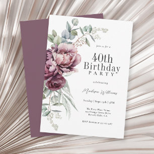 Invitation Rustique Boho Bourgogne Plum Floral 40e anniversai