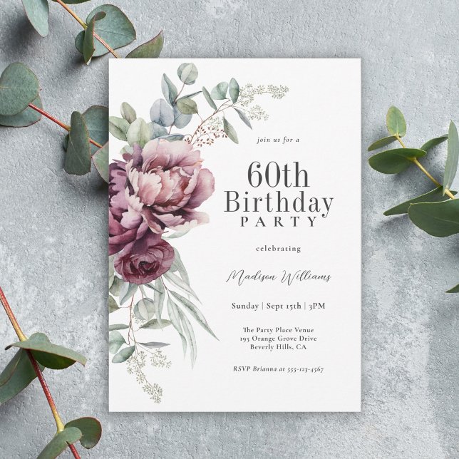Invitation Rustique Boho Bourgogne Plum Floral 60e anniversai (Available as printed and paperless digital download!)