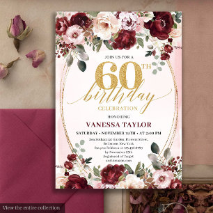 Invitation Rustique Boho Bourgogne Roses Dorées 60e Anniversa
