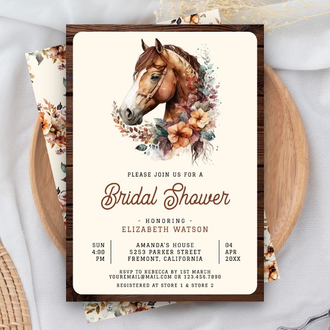 Invitation Rustique Boho Brown Floral Horse Fête des mariées (Créateur téléchargé)