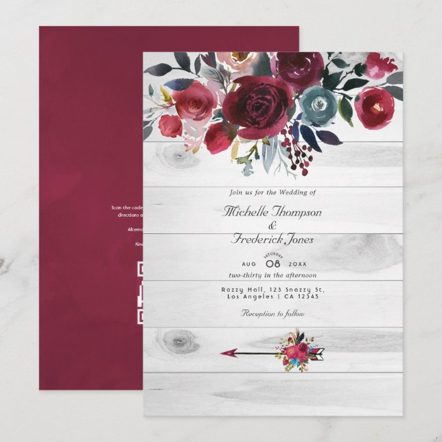 Invitation Rustique Boho Chic Bourgogne et Mariage floral de  (Devant / Derrière)