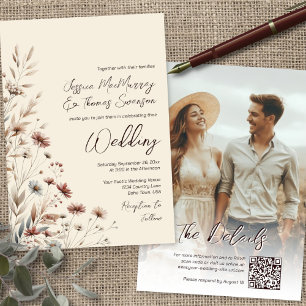 Invitation Rustique Boho Chic Fleurs sauvages & Photo QR Mari