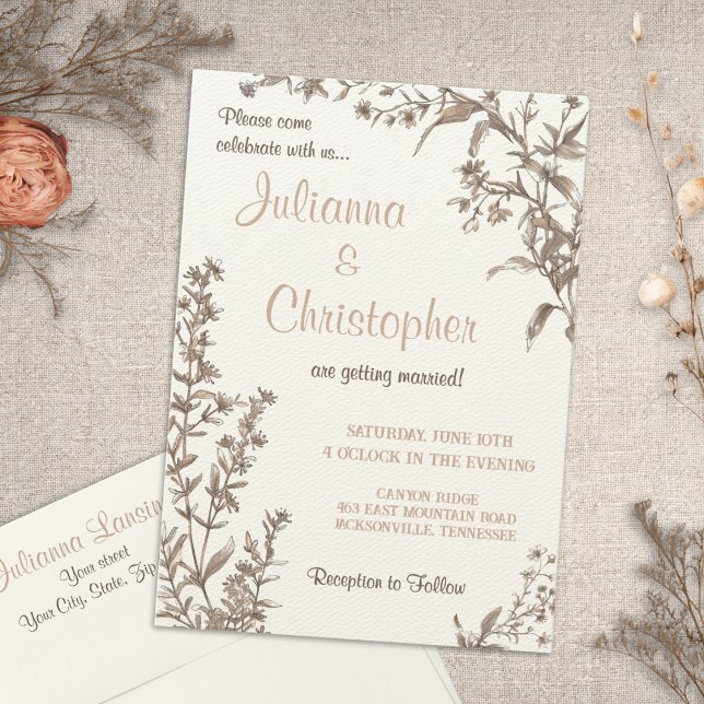 Invitation Rustique Boho Earthy Fleur sauvage neutre (Créateur téléchargé)