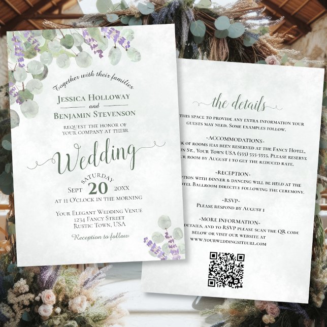 Invitation Rustique Boho Eucalyptus & Lavender QR Code Mariag (Front/Back)