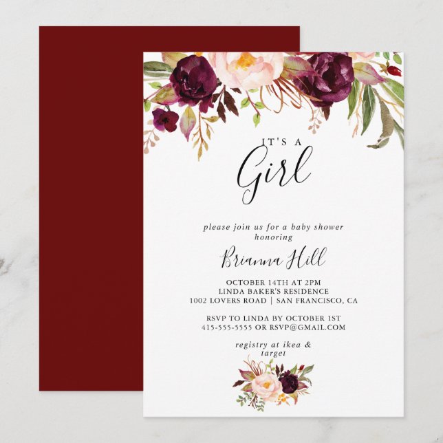 Invitation Rustique Boho Floral C'est un Baby shower de fille (Devant / Derrière)