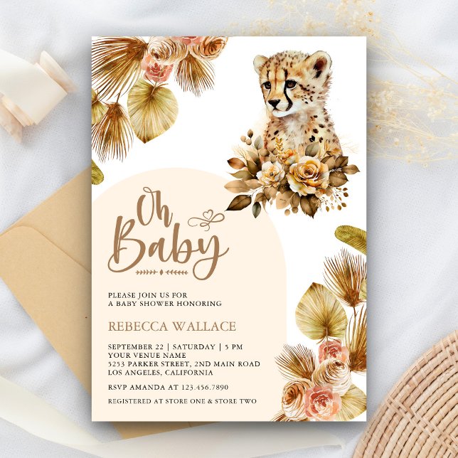 Invitation Rustique Boho Floral Cheetah Baby shower fille (Créateur téléchargé)