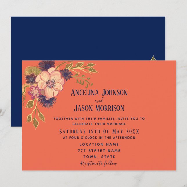 Invitation Rustique Boho Floral Navy et Coral Mariage (Devant / Derrière)