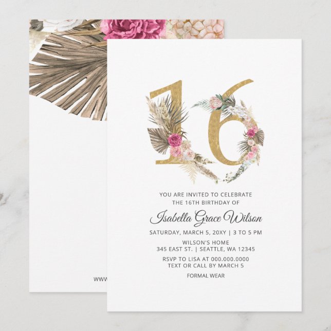 Invitation Rustique Boho Gold Pampas Sweet 16 Anniversaire (Devant / Derrière)