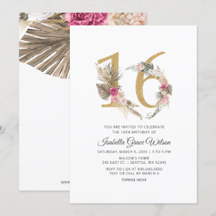 Invitation Rustique Boho Gold Pampas Sweet 16 Anniversaire