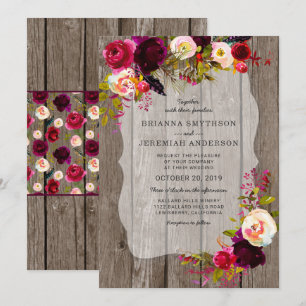 Invitation Rustique Boho Grange Bois bordeaux mariage floral