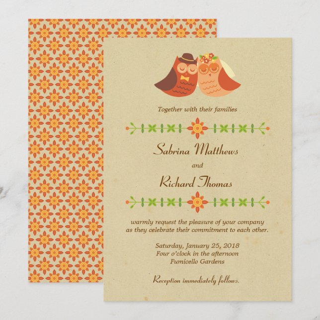 Invitation Rustique Boho Lovebird Owl Couple Mariage (Devant / Derrière)
