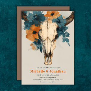 Invitation Rustique Boho Ouest Vache Crâne Floral Mariage