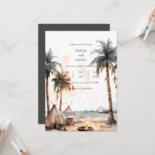 Invitation Rustique Boho Palm Coastal Paysage Plage Mariage (Devant/Arrière en situation)
