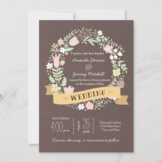 Invitation Rustique Boho Pastel Mariage à fleurs (Devant)