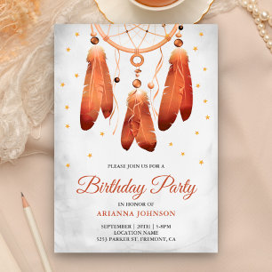 Invitation Rustique Boho Peach Dream Catcher fête d'anniversa