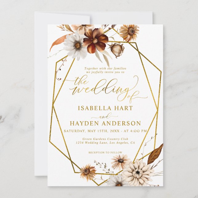 Invitation Rustique Boho Terracotta Floral Gold Frame Mariage (Devant)