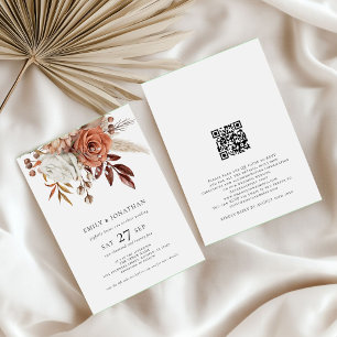 Invitation Rustique Boho Terracotta Florals QR Code Mariage