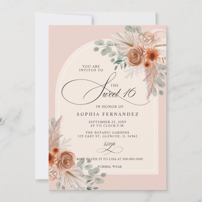 Invitation Rustique Boho Terracotta Pampas Sweet 16 (Devant)