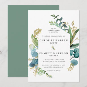 Invitation Rustique Boho Turquoise Bleu Botanique Mariage or