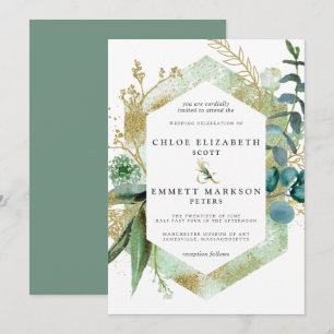 Invitation Rustique Boho Turquoise Bleu Botanique Mariage or
