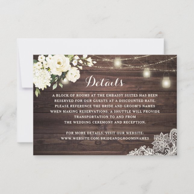 Invitation Rustique Bois blanc dentelle florale Détails Maria (Devant)