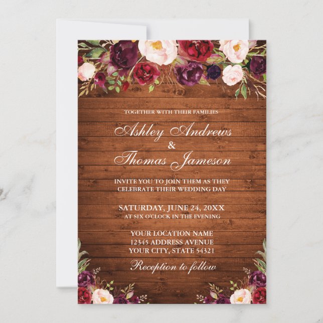 Invitation Rustique Bois Bourgogne Mariage Floral (Devant)