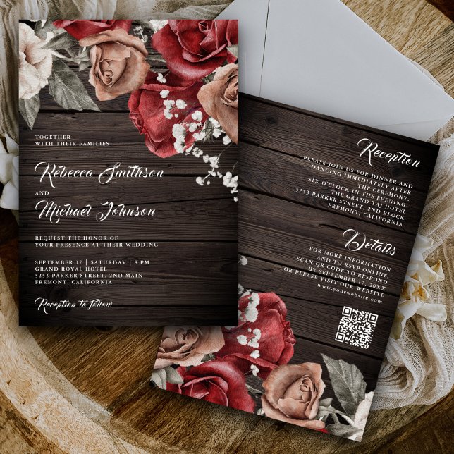 Invitation Rustique Bois Bourgogne Rose QR Code Mariage (Créateur téléchargé)