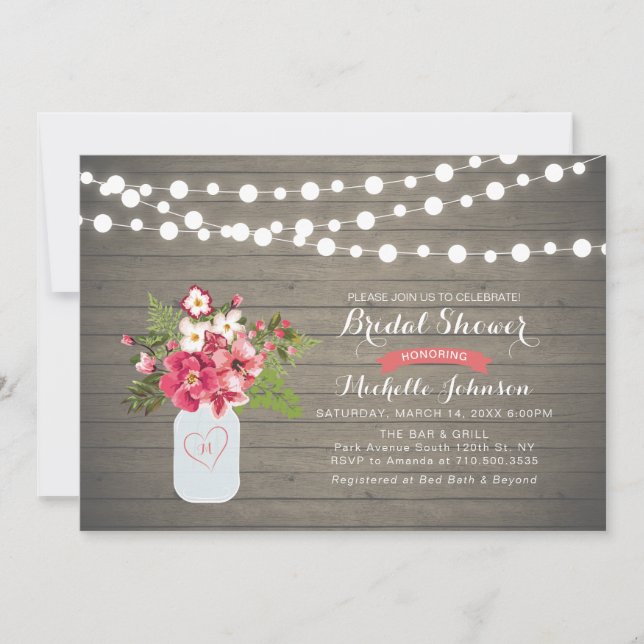 Invitation Rustique Bois Bridal Douche, Mason Jar (Devant)