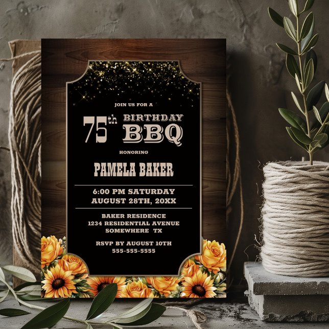 Invitation Rustique Bois Floral 75e anniversaire BBQ (Créateur téléchargé)