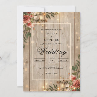 Invitation Rustique Bois Floral Romance Mariage