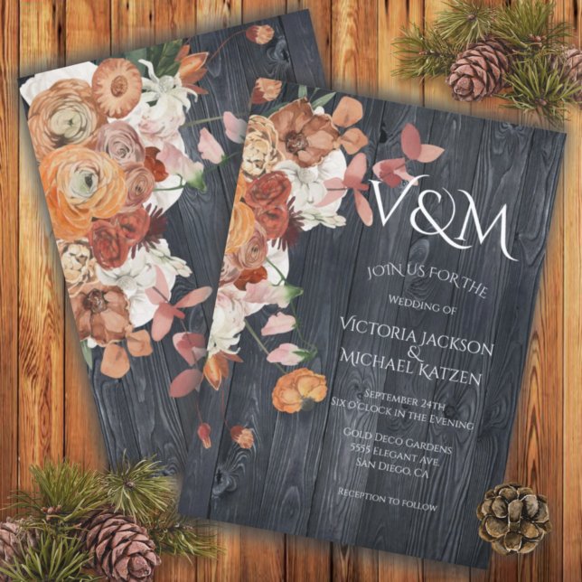 Invitation Rustique Bois foncé Automne Mariage Floral (Créateur téléchargé)