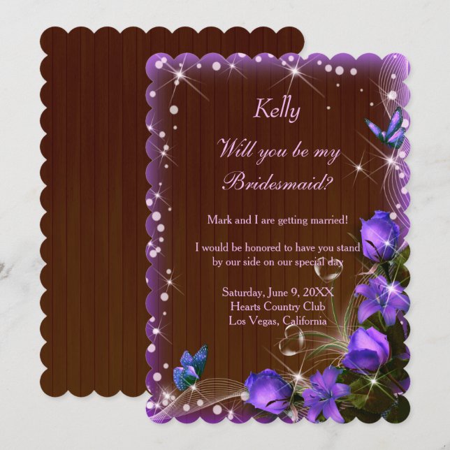 Invitation Rustique Bois foncé Violet Floral Bridesmaid (Devant / Derrière)