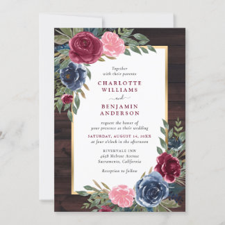 Invitation Rustique Bois Marine Bleu Bourgogne Or Floral