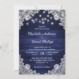 Invitation Rustique Bois Marine bleu dentelle lumière Mariage