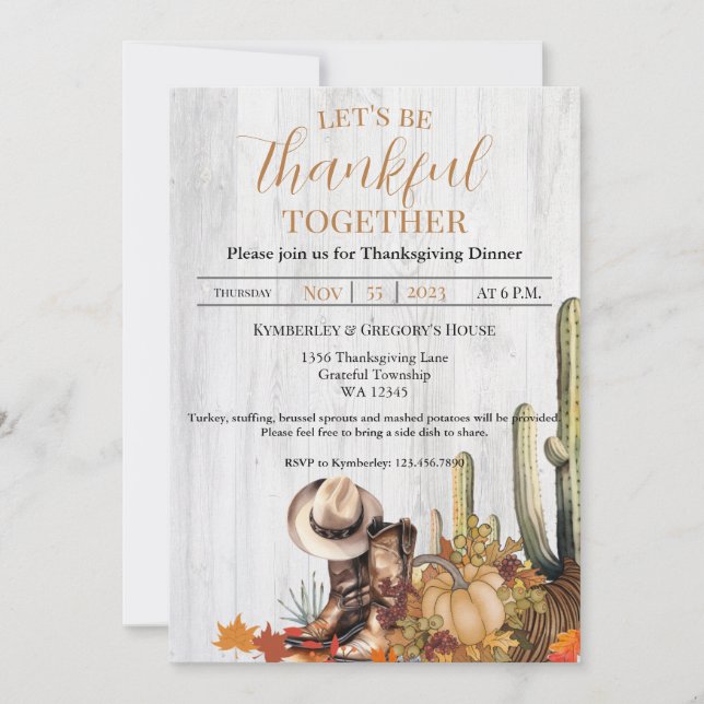 Invitation Rustique Bois Occidental Thanksgiving Dîner Inv (Devant)
