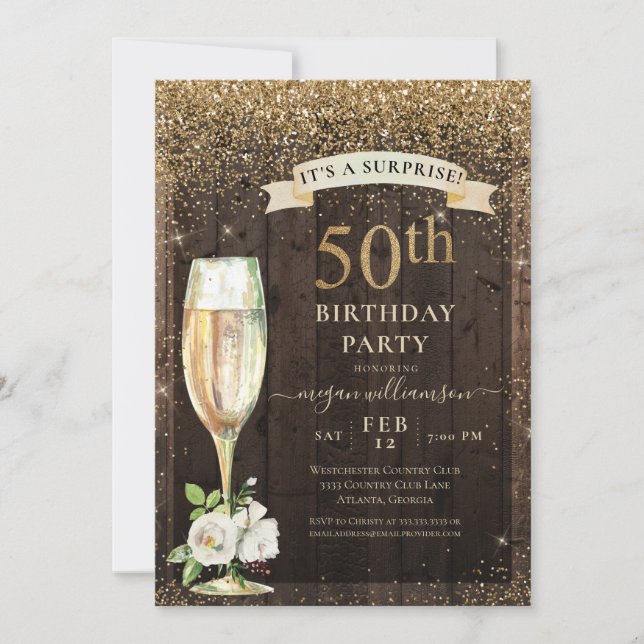 Invitation Rustique Bois Or Floral Surprise 50e anniversaire (Devant)