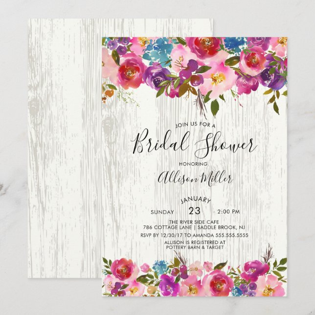 Invitation Rustique Bois Ressort Floral Douche nuptiale Invit (Devant / Derrière)