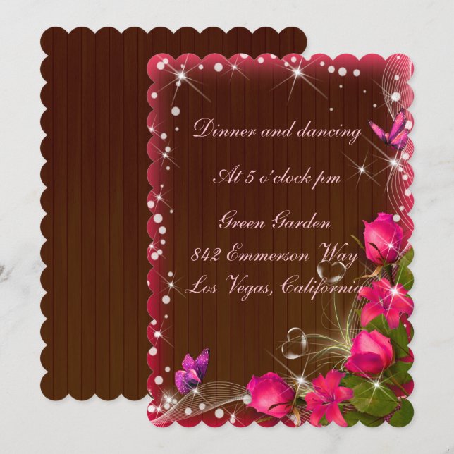 Invitation Rustique Bois Rose Floral Papillon Mariage Récepti (Devant / Derrière)