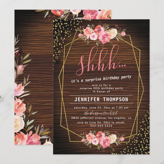 Invitation Rustique Bois rose Floral Surprise fête d'annivers (Devant / Derrière)