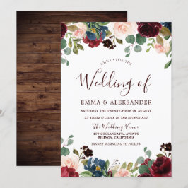 Invitation Rustique Bois Rouge Bourgogne Mariage Floral Invit