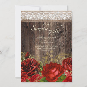 Invitation Rustique Bois Rouge Or Fleurs Toile de Jute Surpri