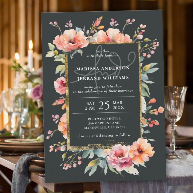 Invitation Rustique Botanique Jardin Gold Cadre photo Mariage (Rustic Botanical Garden Gold Frame Photo Wedding Invitation)
