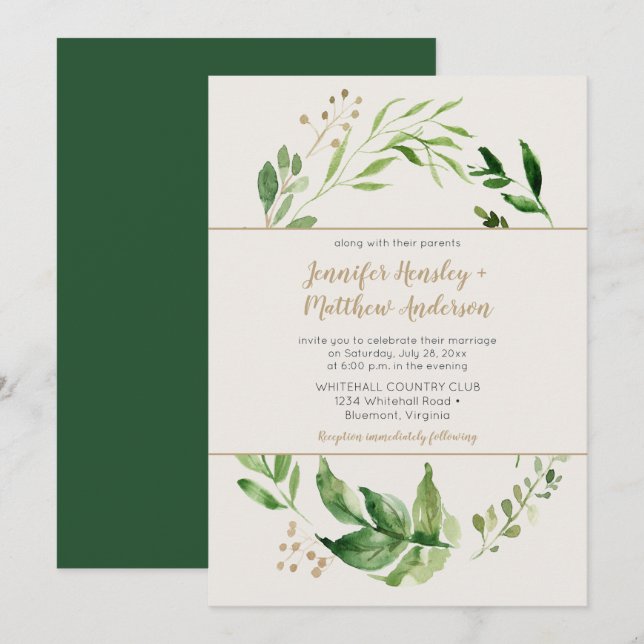 Invitation Rustique Botanique Verdure Wreath Mariage ivoire (Devant / Derrière)