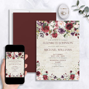 Invitation Rustique Bourgogne Aquarelle Floral Birch Mariage
